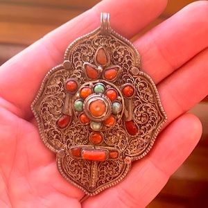 Silver Pendant with Coral and Turquoise Colored Stones